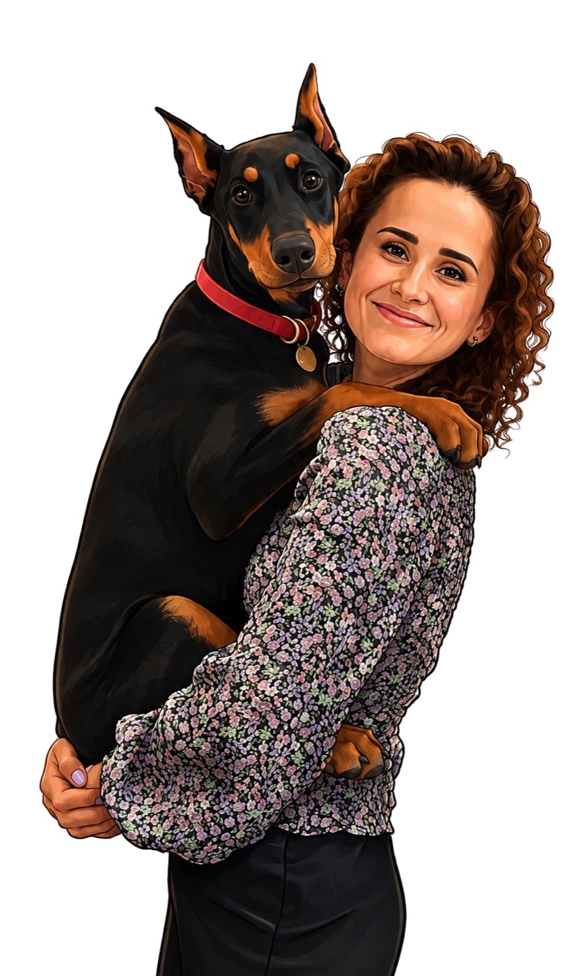 Illustrated portrait of the founder of Dober Stays with her Doberman, Ruby