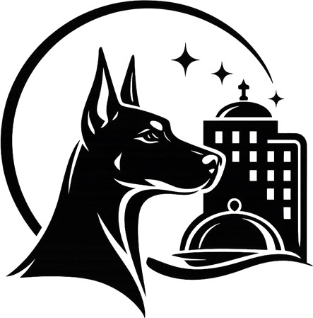 Dober Stays logo: a Doberman beside a hotel tower